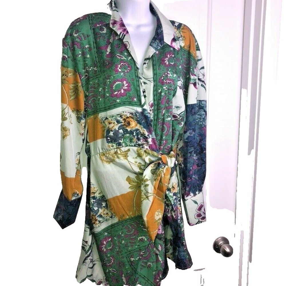 Retro Multi Print Wrap Blouse Jacket~ M~ Boho Waist Ties Graphic Prints Artsy